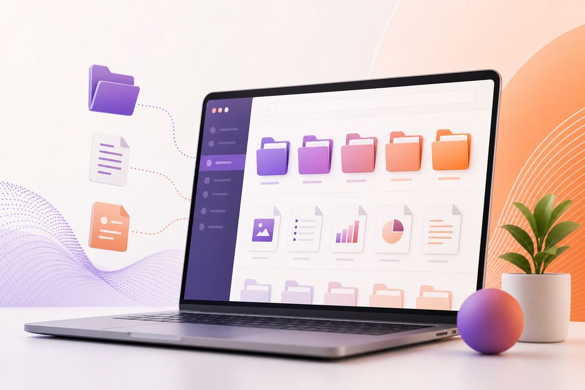 Organised digital folders on a laptop screen, representing AI-assisted file management for a small business