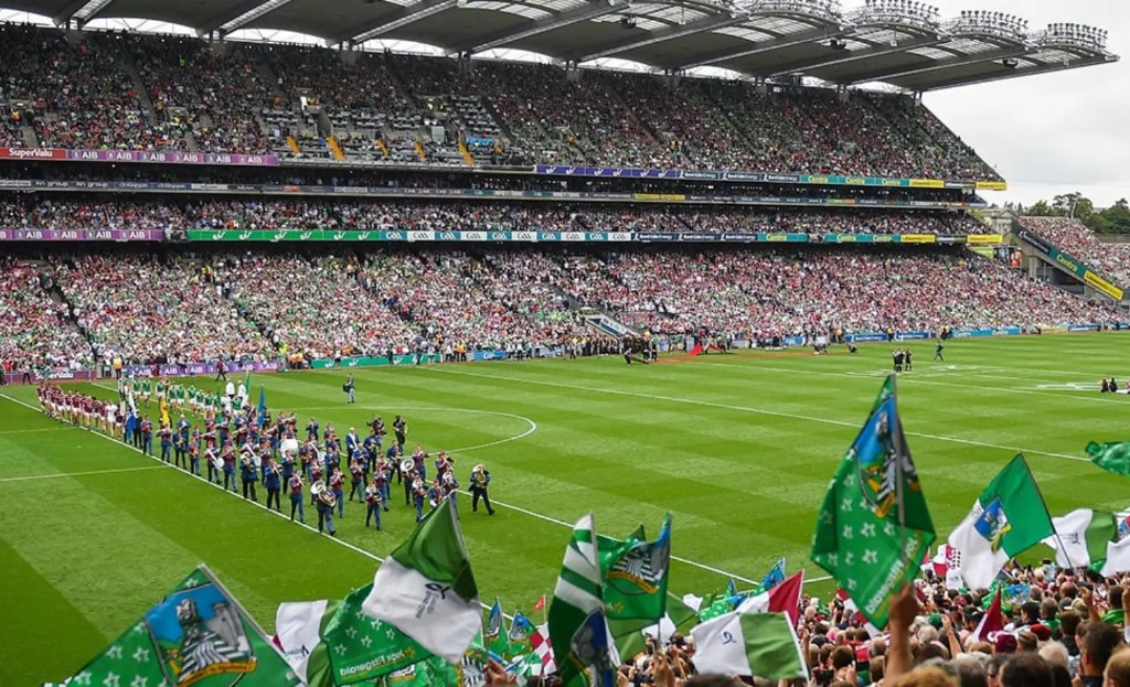 Teams and a marching band on the pitch before a championship final