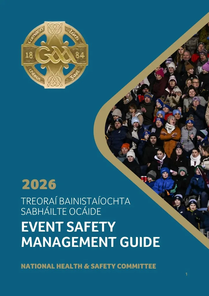 Cover of the GAA Event Safety Management Guide 2026, published by the National Health and Safety Committee
